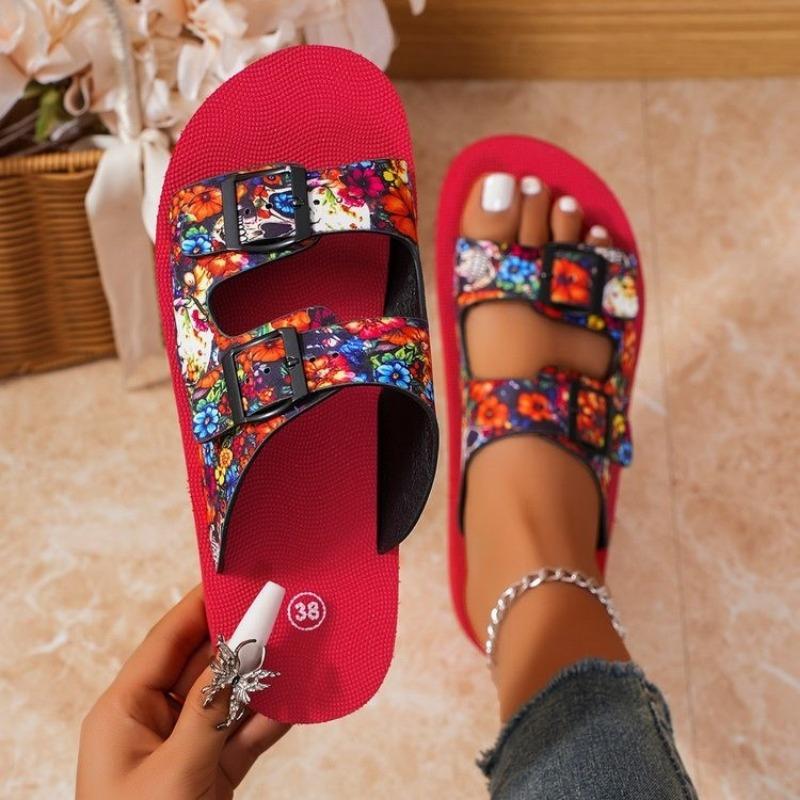2024 New Summer High Quality Women's Shoes Fashion Open Toe Color Block Buckle Casual Roman Women's Flat Beach Slippers