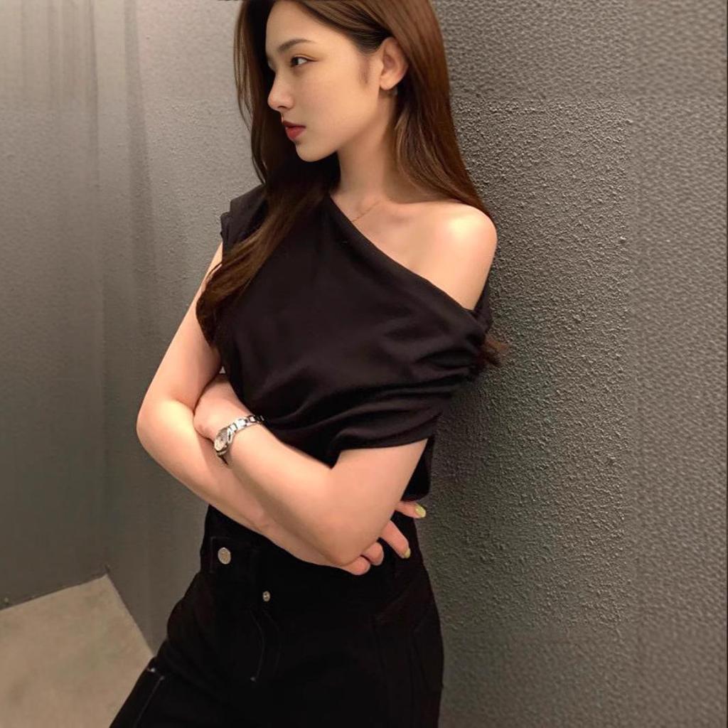 Korean Chic One-Shoulder Irregular Loose Solid Color Pullover T-Shirt