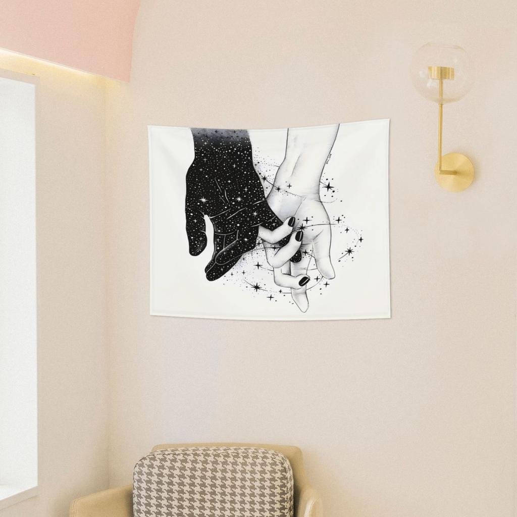 Universe Hand in Hand Tapestry, Black White Wall Cloth for Living Room Bedroom Decor