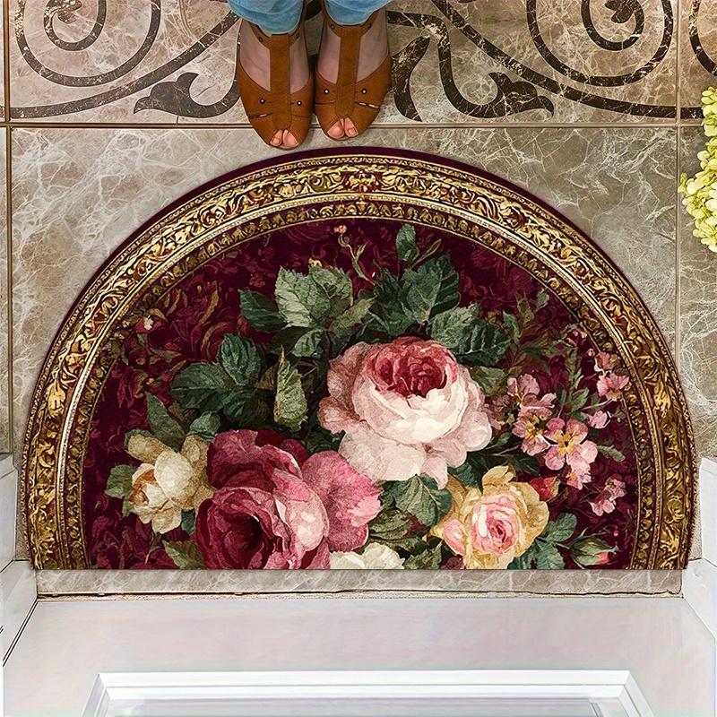1Pcs Vintage Rose Bouquet Pattern Semi Circle Welcome Doormat Non-Slip for Outdoor Patio Porch Kitchen Bathroom Entryway Floor Mat