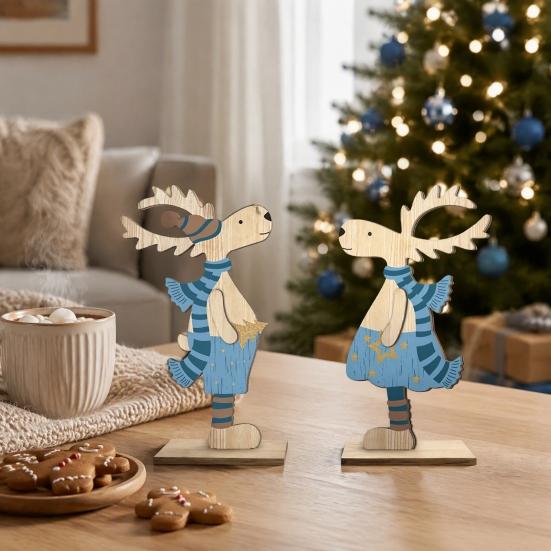 Rustic Wood Holiday Centerpieces 2Pcs Wooden Christmas Reindeer Ornaments, Cute Elk Desktop Decorations, Double Sided Signs Tabletop Centerpiece