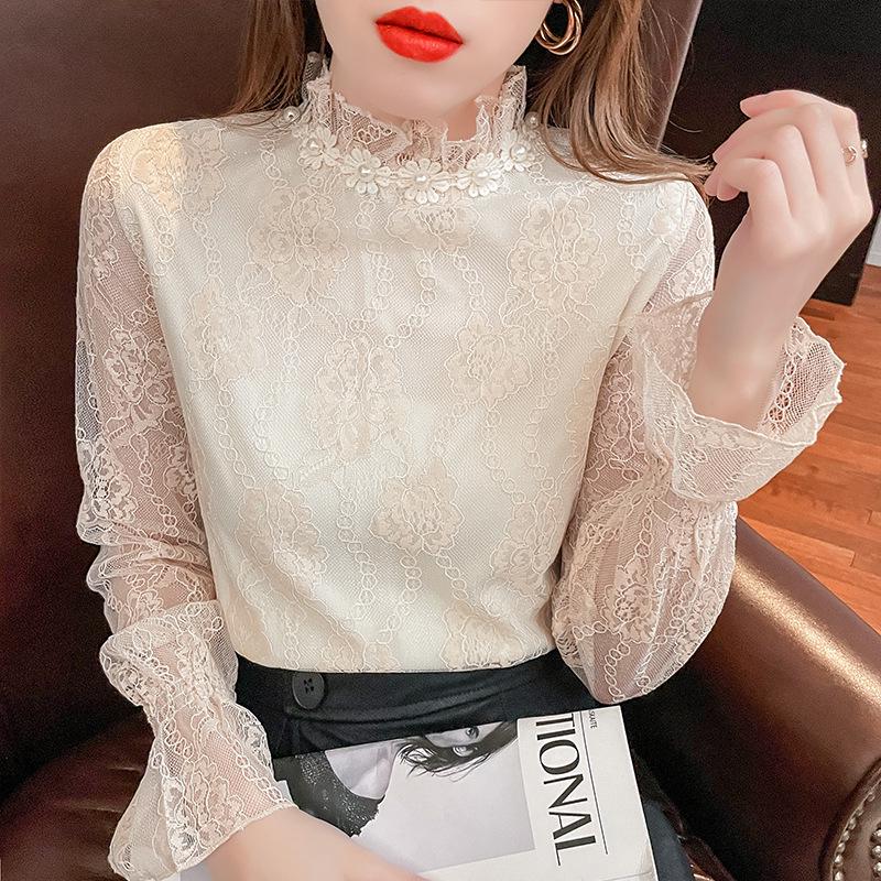 2025 Autumn/Winter Women's Elegant Chiffon Blouse: Korean & European Style, Plus Velvet, Thickened Lace Shirt