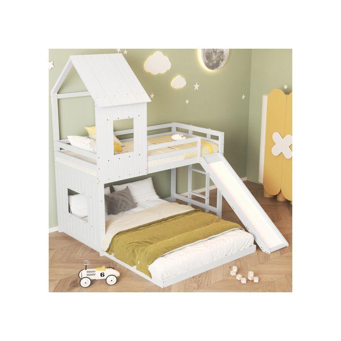 Pat supraetajat - MUVOE - 140x200cm și 90x200cm - cu tobogan - din pin alb - sigur și amuzant