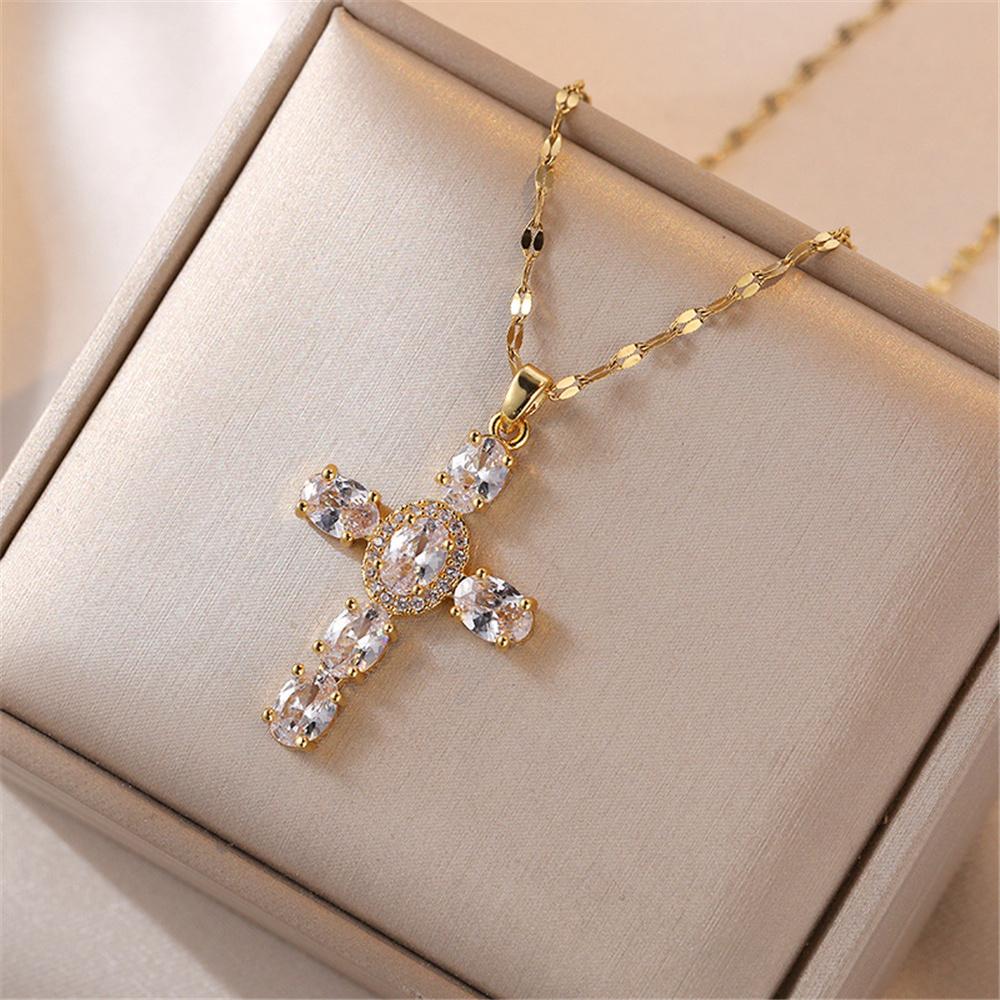 Luxury Female White Rainbow Zircon Stone Cross Pendant Necklace Vintage Gold Color Wedding  For Women