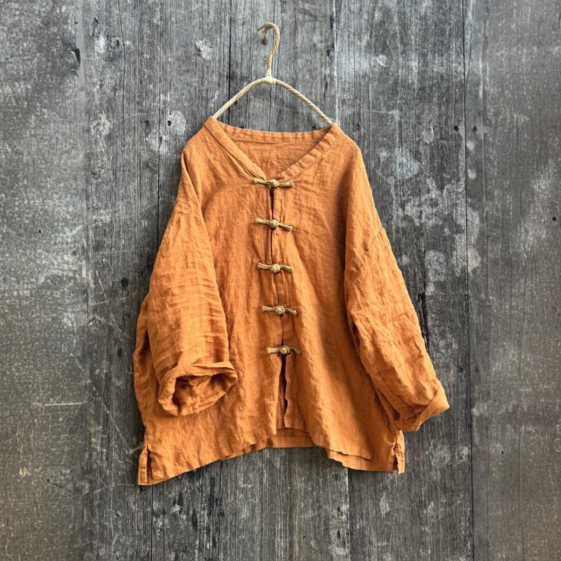 

Johnature Women Vintage Shirts Solid Color Stand Long Sleeve Blouses Autumn Button Loose Chinese Style Top One Size