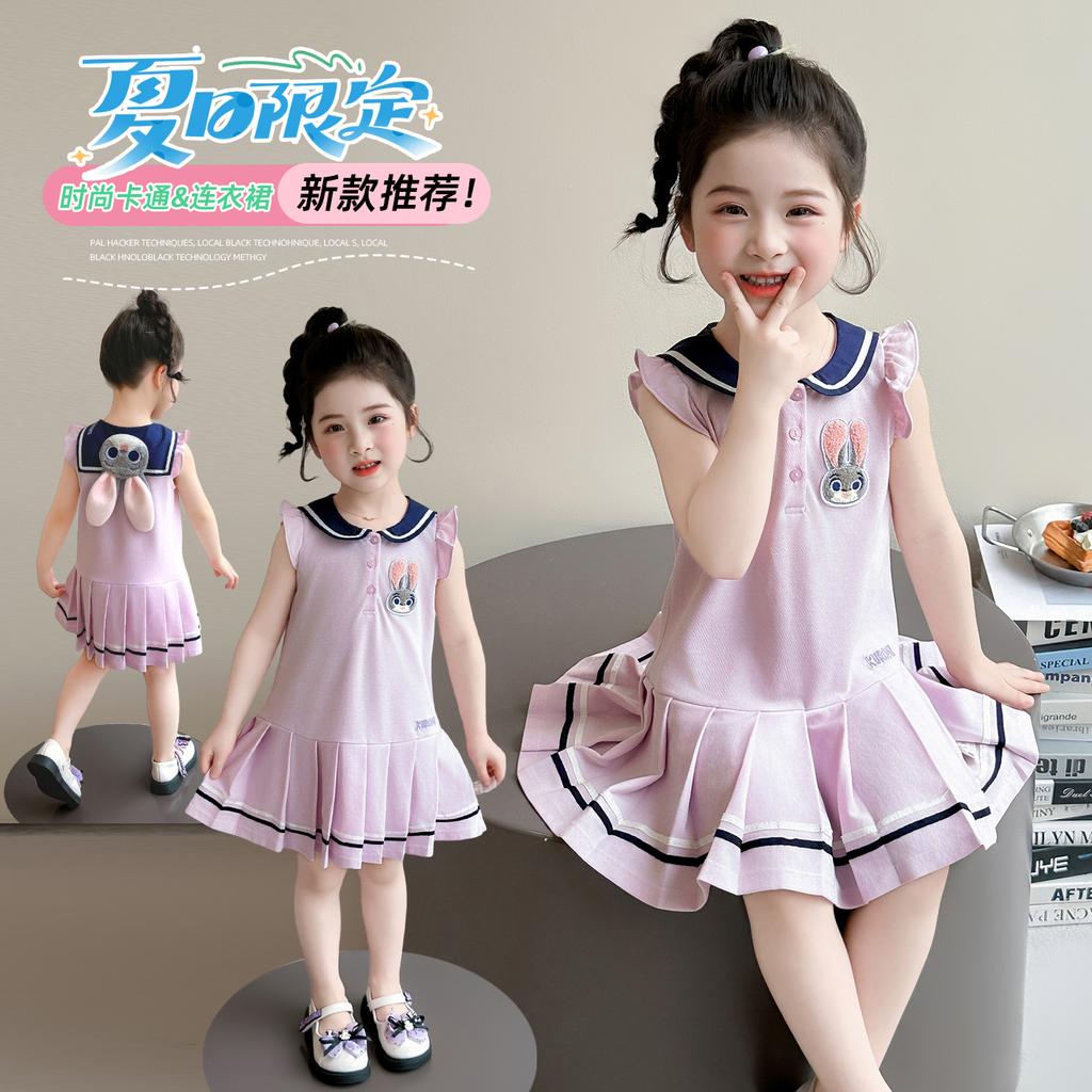 Girl Rabbit Police Officer Knitted Pleated Skirt Summer 2026 New Item Baby Girl Flying Sleeve Navy Collar Summer Dress Princess Skirt