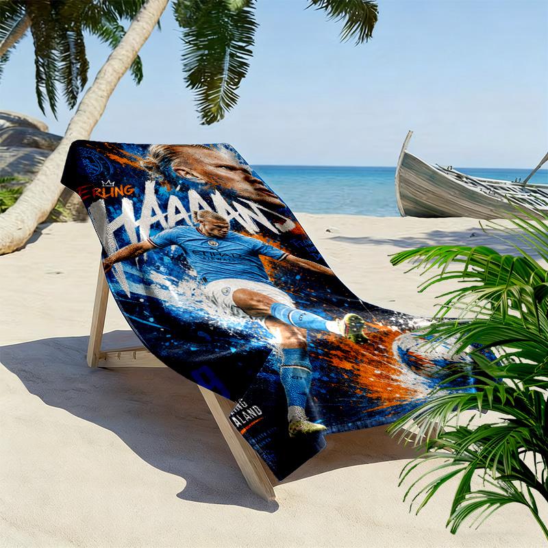 Haaland'S Dynamic Leap Manchester City'S Star Forward Action Beach Towel Portable For Travel Beach Towel For Vacation Photos Swim Seaside