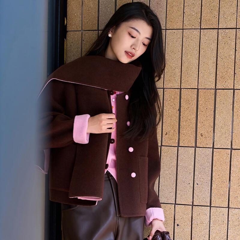 Iveni AEOE752 Scarf Collar Double-Faced Wool Short Coat
