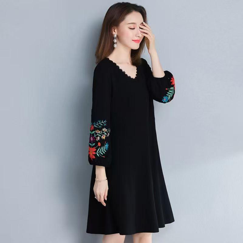 

Nusani medium and long large size dress women s spring and autumn fashion Tibetan meat fat sister new dress M чёрный