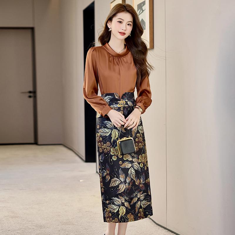 2025 Spring Fashion Slim Fit Long-Sleeve Shirt & Midi Skirt Set
