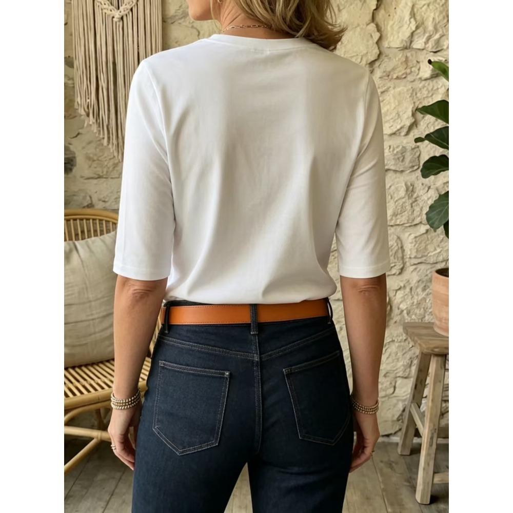 Women Comfort Versatile T-Shirt, Casual Round Neck Shoulder Short Sleeve Top for Inner & Outer Wear