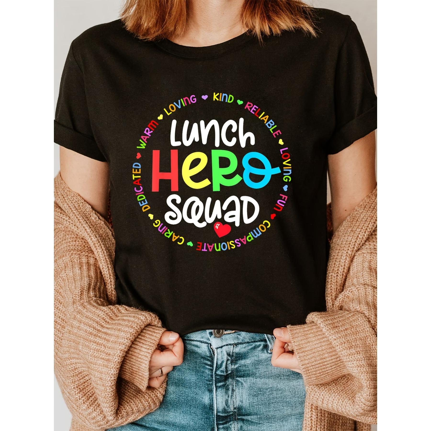 Women s Lunch Hero Squad T-Shirt - Lunch Lady Apparel with Letter Print, Short Sleeve Crew Neck Casual Top S чёрный