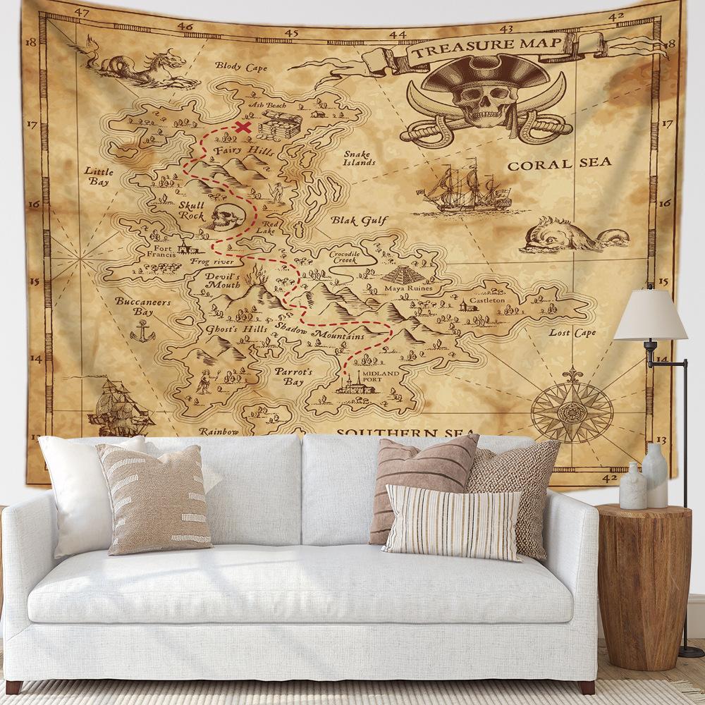 Pirate Treasure Map Decorative Tapestry for Home Room Decoration Background Cloth for Live Streaming Bed Head Tapestry