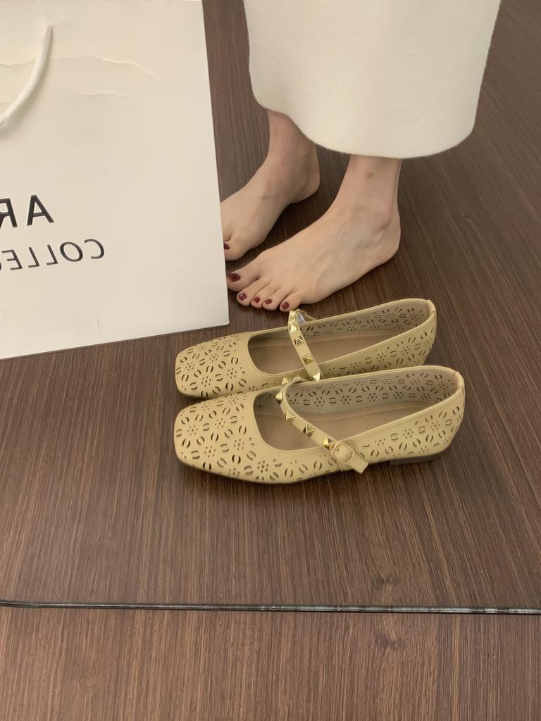 Versatile and Not Tired of Feet, One-word Buckle Strap, Square Head, Mary Jane Shoes, Fairy, Breathable, Hollowed Out, Flat-bottomed Ballet Single Sh