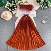 Elegant Gradient Shiny Pleated Dress Cape Shoulder Pearl Beads 3D Floral Applique Scalloped Waist Belt A Line Midi Dress