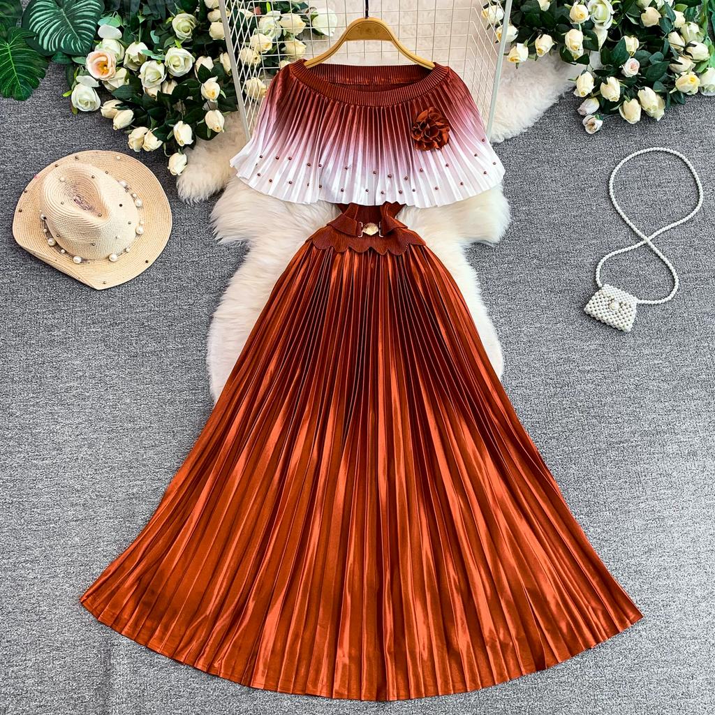 Elegant Gradient Shiny Pleated Dress Cape Shoulder Pearl Beads 3D Floral Applique Scalloped Waist Belt A Line Midi Dress