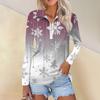 Ladies Spring Autumn Fashion Casual Christmas Printed Zip V-Neck Long Sleeve  Shirt Top