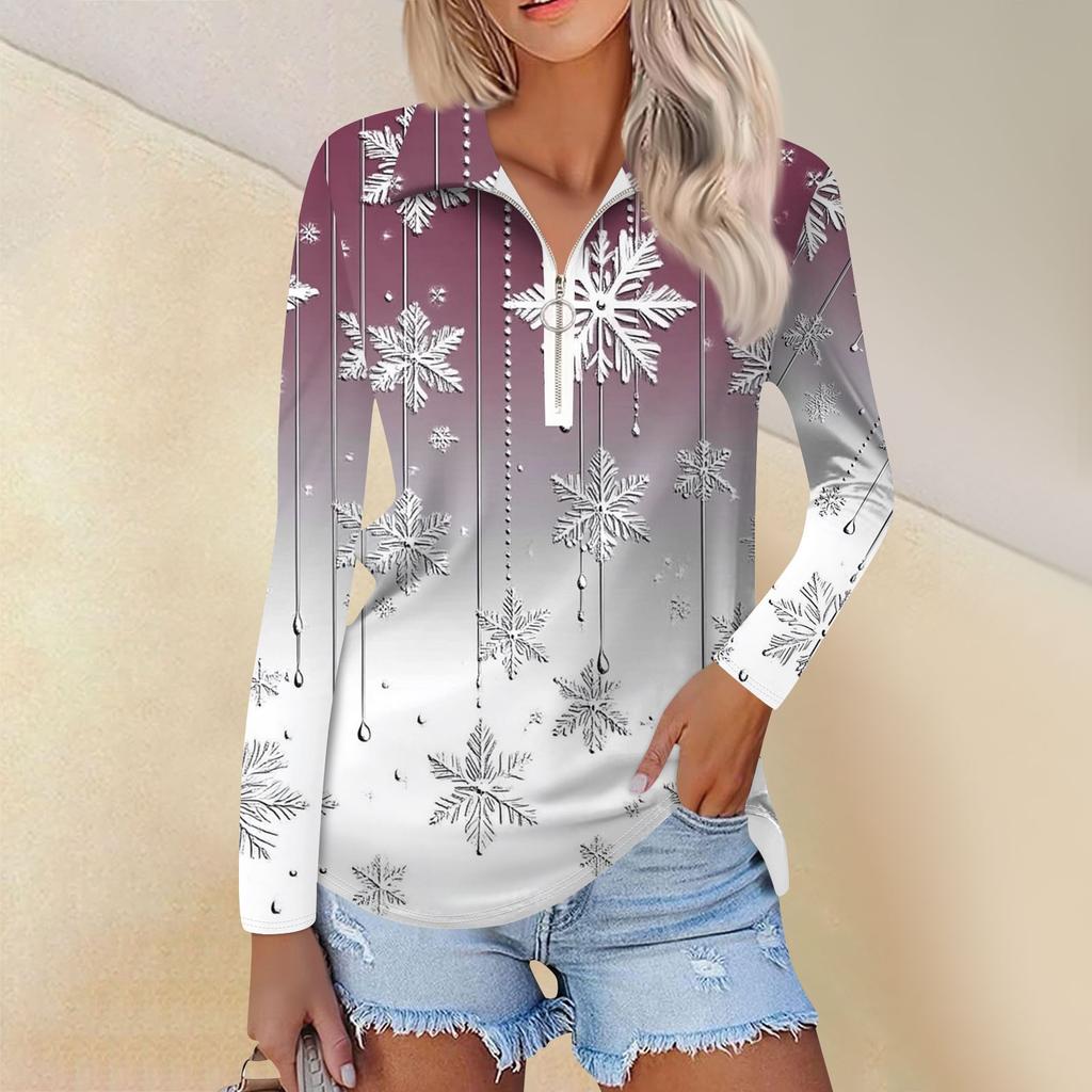 Ladies Spring Autumn Fashion Casual Christmas Printed Zip V-Neck Long Sleeve  Shirt Top