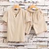 2 Pcs/Set Men T-shirt Shorts Set Solid Color Elastic Waist Loose V Neck Drawstring Homewear Deep Crotch Plus Size Casual Summer