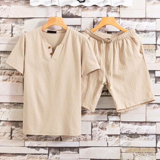2 Pcs/Set Men T-shirt Shorts Set Solid Color Elastic Waist Loose V Neck Drawstring Homewear Deep Crotch Plus Size Casual Summer