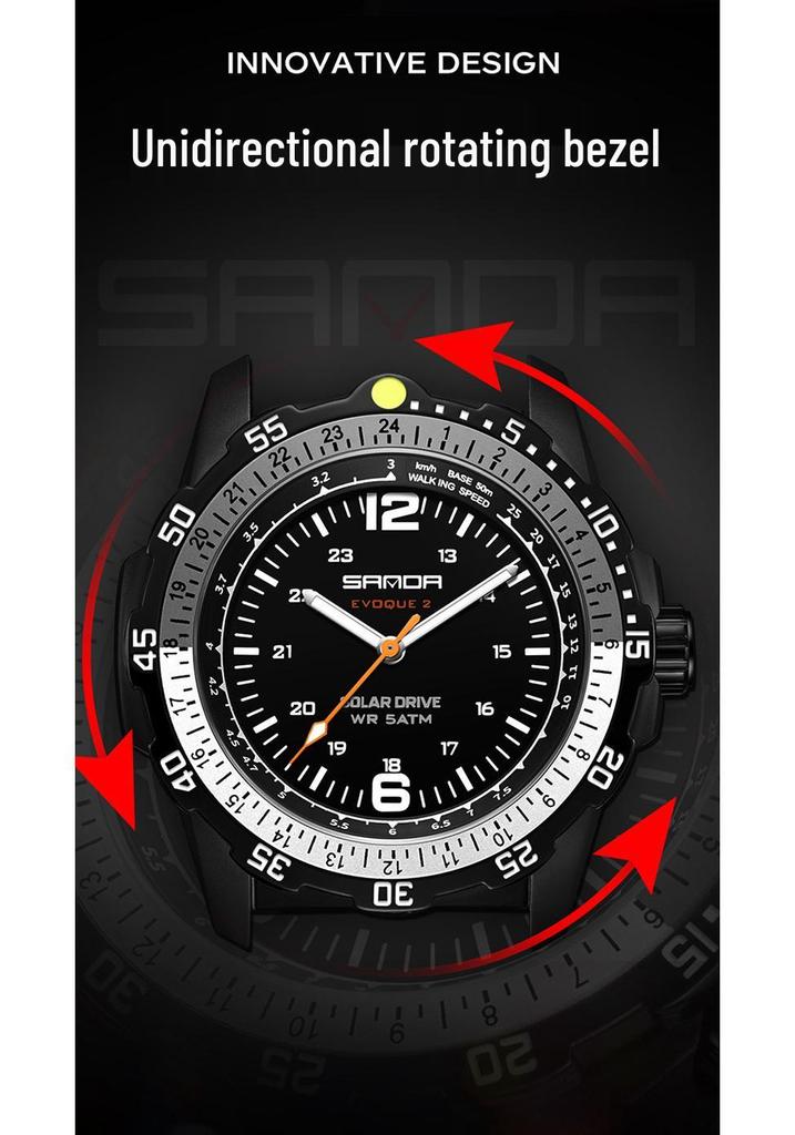 SANDA Solar-Powered Sports Watch: Durable, Waterproof with Long Battery Life and Luminous Quartz Design.