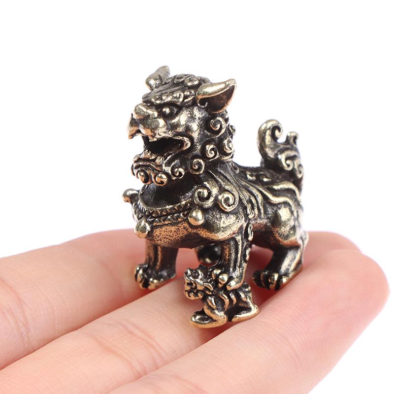 2 יחידות נחושת טהורה צלמיות מזל מלך האריות עתיק ברונזה פסל חיות סינית