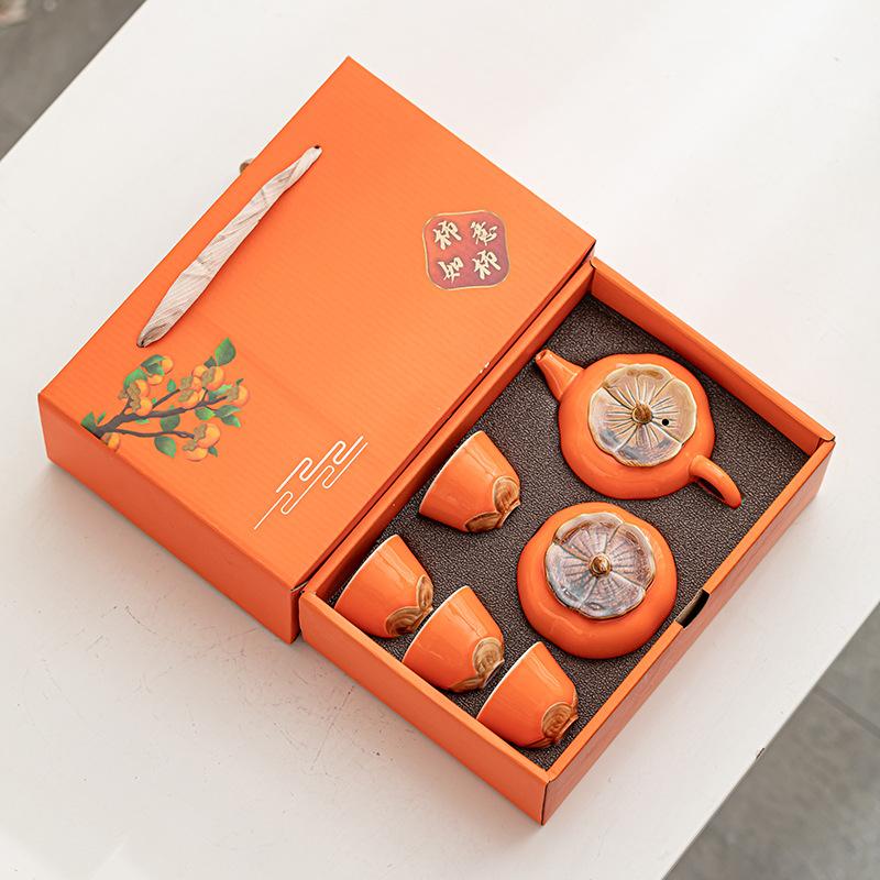 Set da Tè Cachi Teiera in Ceramica con Tazze Forma Fortunata Scatola Regalo per Matrimonio Cinese Capodanno Decorazione per la Casa