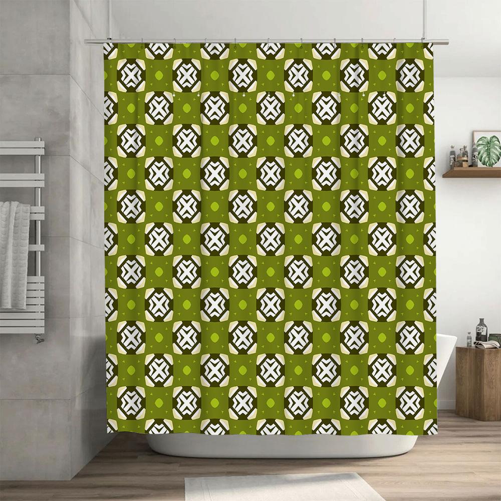 Green White Geometric Shower Curtain For Bathroom Decor Modern Print, Polyester Fabric Size 72X72 Inches Or 180Cm X 180 Cm (Larg