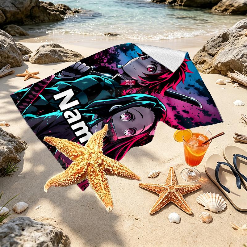 Custom Name Personalized Demon Slayer Print Beach Towel, for Trip Camping Beach Party Home Decor, Birthday Gift for Family & Friends