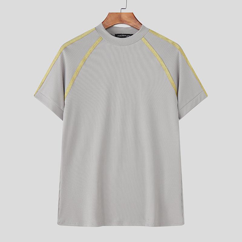 

INCERUN Мужские футболки с коротким рукавом, повседневные, в рубчик, с отделкой 5XL серый