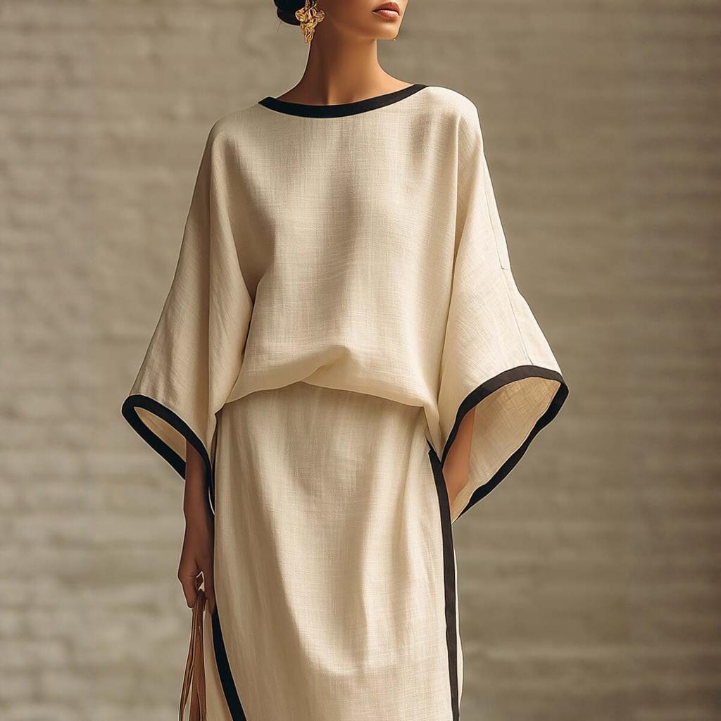 Women's Loose Fit Two Piece Outfit Three Quarter Sleeve Batwing Top and High Waist Maxi Skirt Set