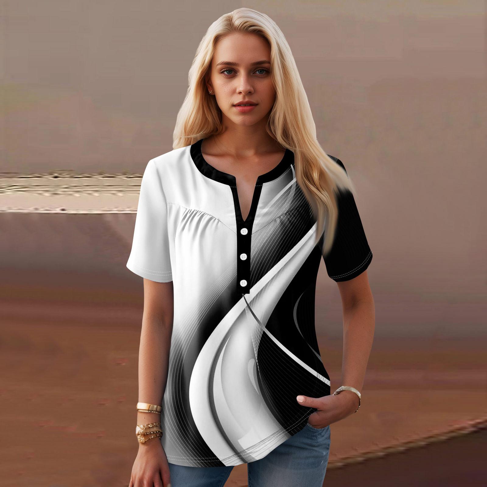 

Женская повседневная футболка с v-образным вырезом и коротким рукавом с цветочным принтом и декоративными пуговицами, топ XL белый