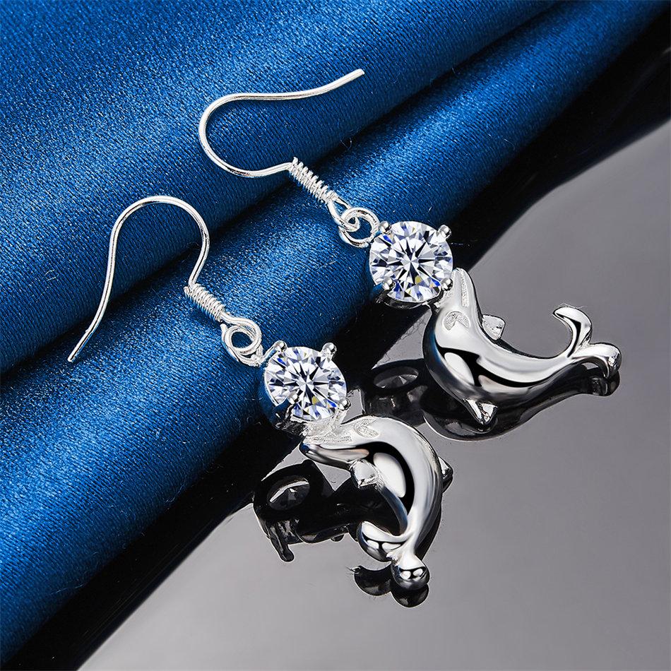 1 Pair of 925 Sterling Silver Cute Dolphin Zircon Pendant Earrings for Women's Wedding Accessories, Fashionable Jewelry Gifts