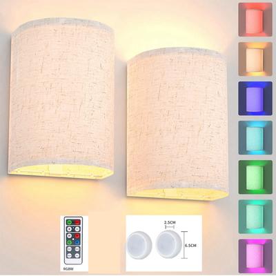 Wiederaufladbare Wandleuchte Magnetische Kabellose Lampen-Set-Kit RGB-Farben Dimmbar mit Stoff-Leinenschirm und Fernbedienung, Beleuchtung 2 Stück