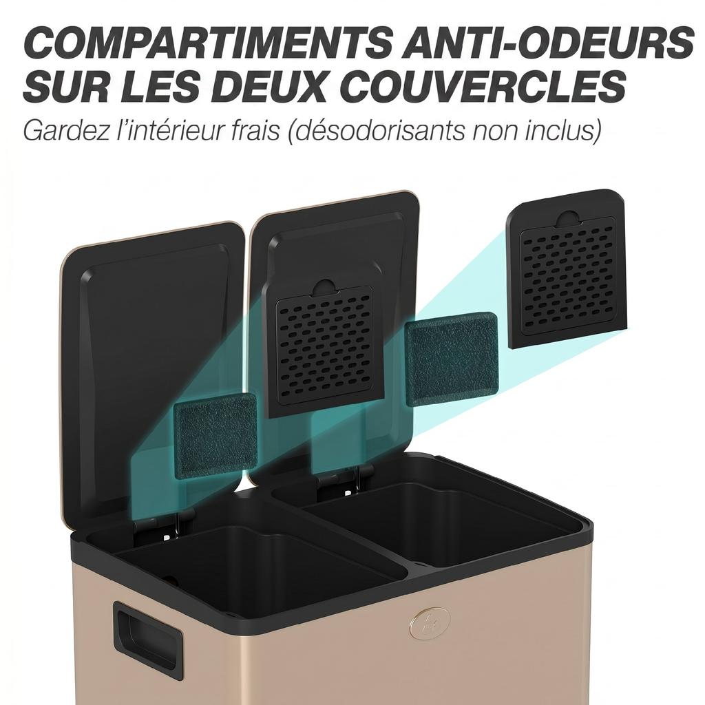 Kitchen Bin, 2-Compartment, 2 x 28 L, Stainless Steel, Soft-Close, 45.8 x 36 x 67.6 cm, Gold
