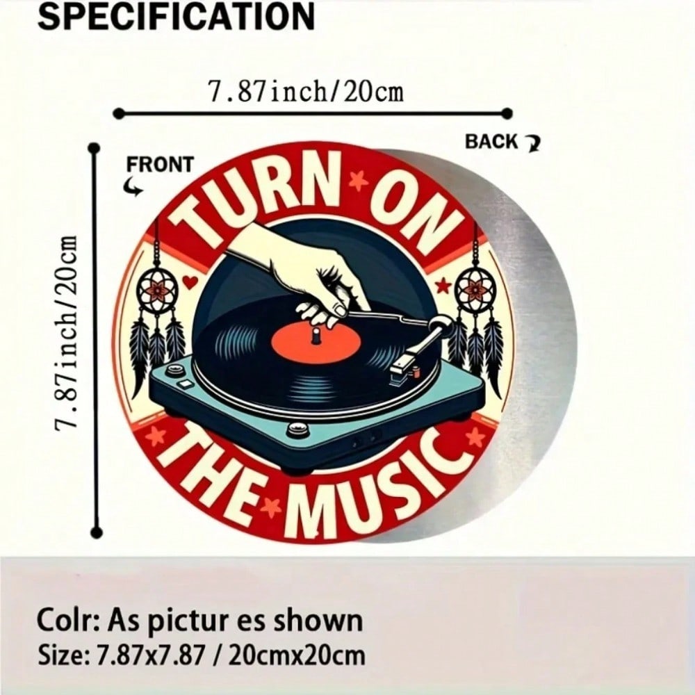 D Flat High Definition Metal Wall Art Retro Vintage Turntable Vinyl Record Player Turn On The Music Metal Sign Round Wall Pla