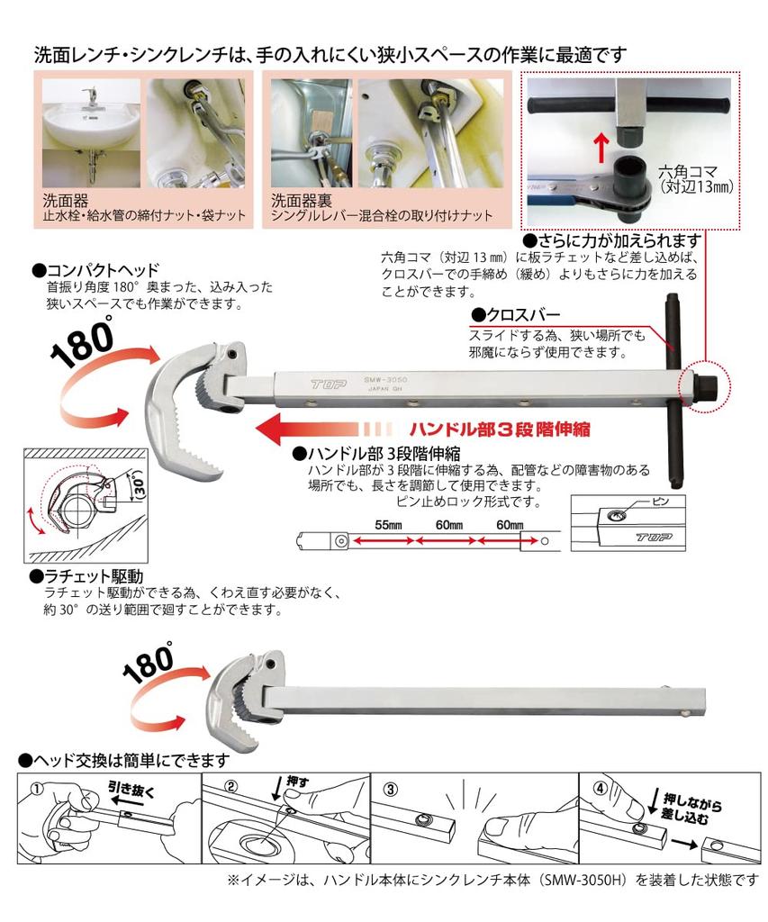 Top Industrial Washbasin and Sink Wrench and Telescopic for and Made in Japan (TOP) Set, 10-32mm 30-50mm Openings, Three-Stage Handle, Renovations,