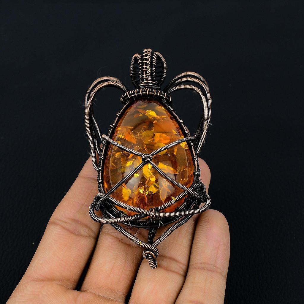 Baltic Amber Pendant, 999 Copper Wire Wrapped Gemstone Jewelry, Handmade Pendant For Mother Day