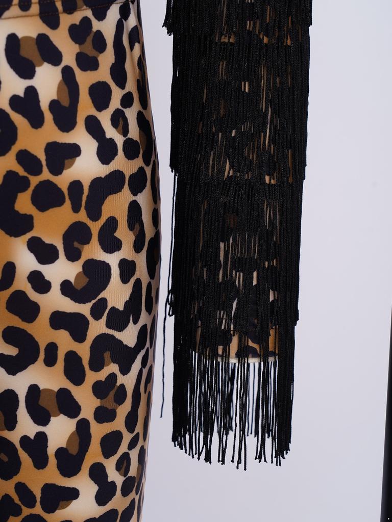 Mädchen Leopardenmuster Quasten Latein Tanz Outfit Langarm Crop Top Träger Verstellbare Hose
