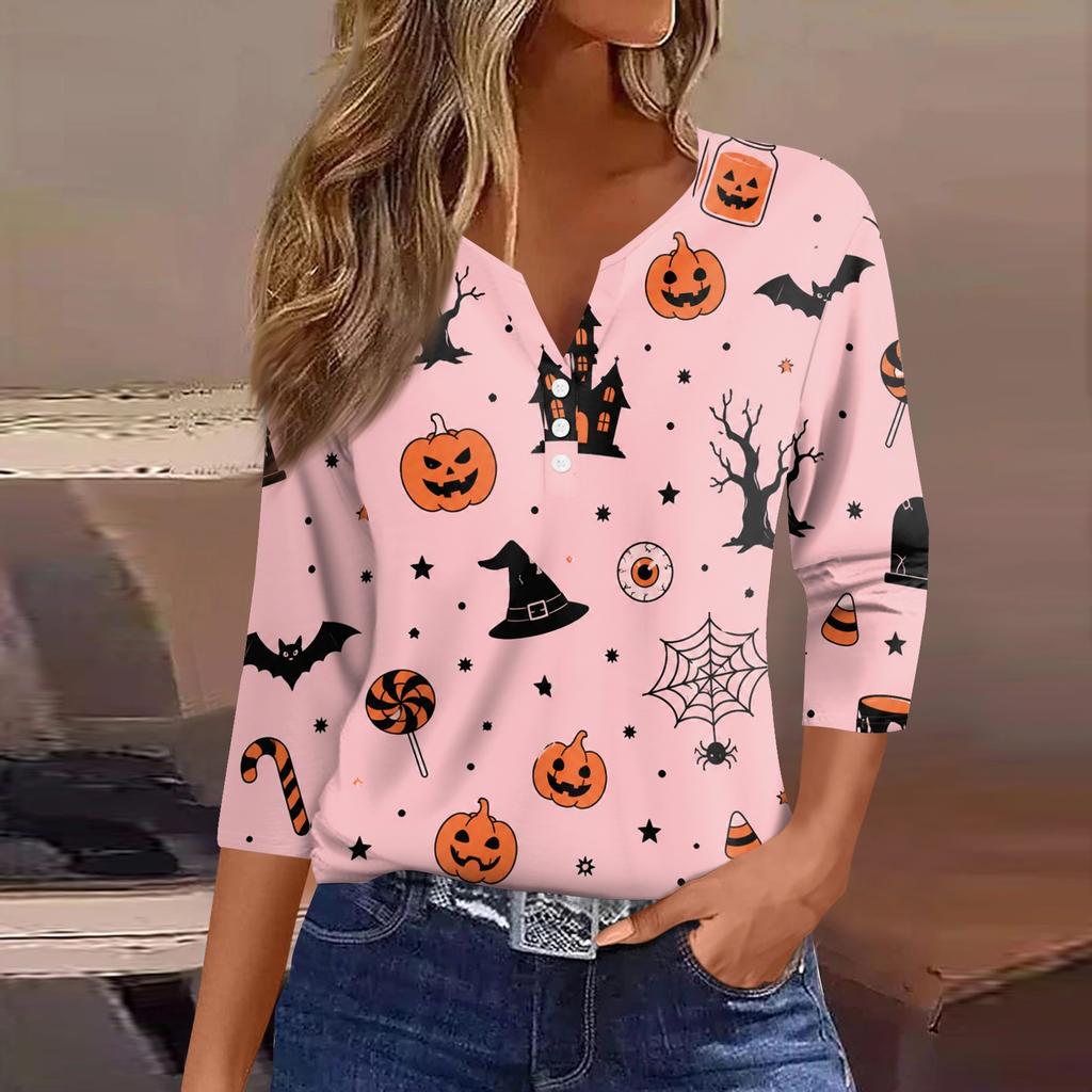 Women Casual Halloween Print V Neck 3/4 Sleeve Button Front Top Lightweight Soft Fabric Relaxed Fit Shirt
