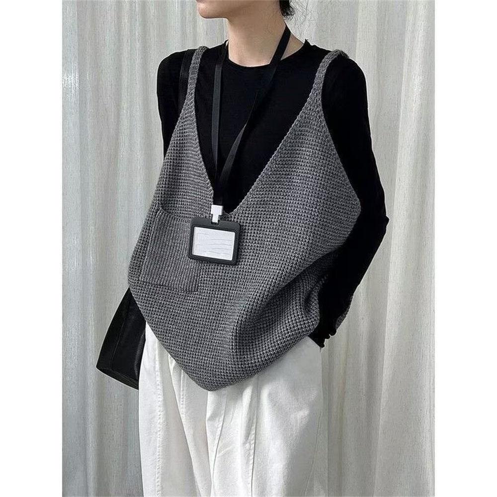 Women Black Gray Oversized Casual Knitting Vest New V Collar Sleeveless Sweater Fashion Spring Autumn Sweater Vests Clothes