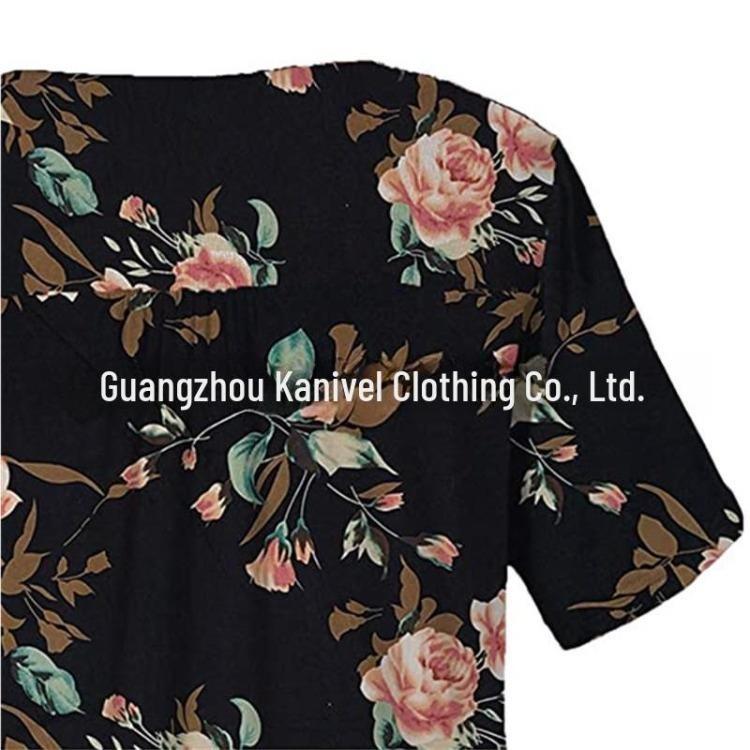 Women Summer Casual Floral Print Short Sleeve Henry Shirt