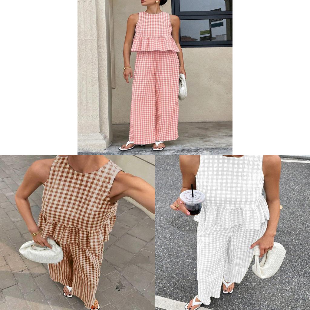 Casual Plaid Sleeveless Twopiece Set With Ruffle Hem For Women Spring Summer Comfort