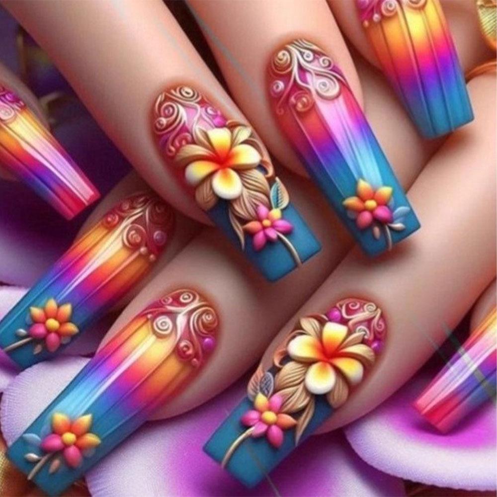 Ballet-Style Rainbow Gradient Flower Nail Stickers - Removable and Wearable False Nails