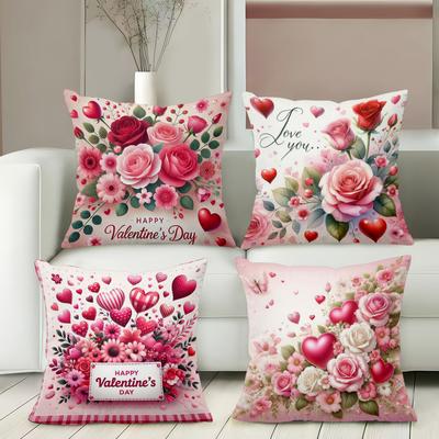 Coussins Décoratifs Rose et Cœur Saint-Valentin Housse de coussin en polyester, housse de coussin décorative pour canapé Oreiller de tête de lit