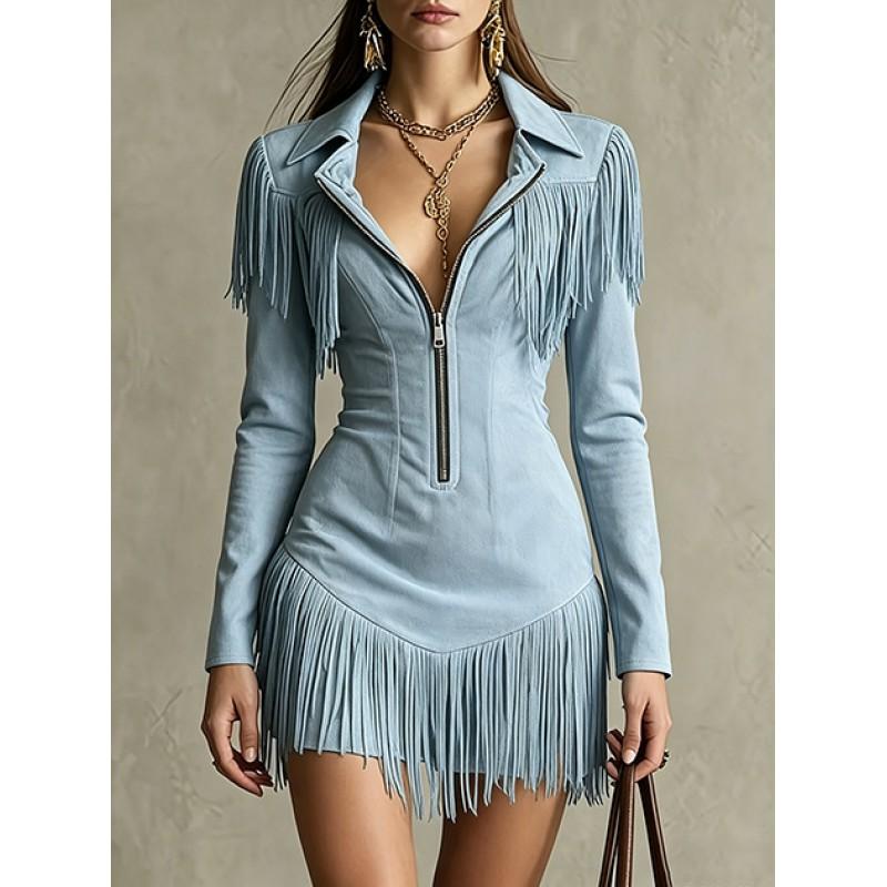Womens Western-Style Fringe Long Sleeve Mini Dress Deep V Neck Zipper Bodycon Party