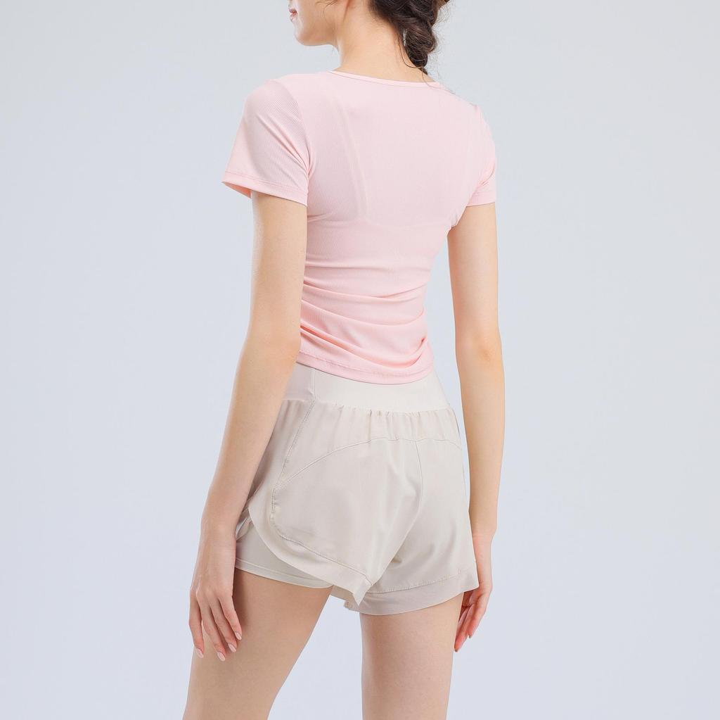 Women's V-Neck Short Sleeve Sports T-Shirt - Solid Color, Breathable, Slimming Fitness Top for Spring/Summer.
