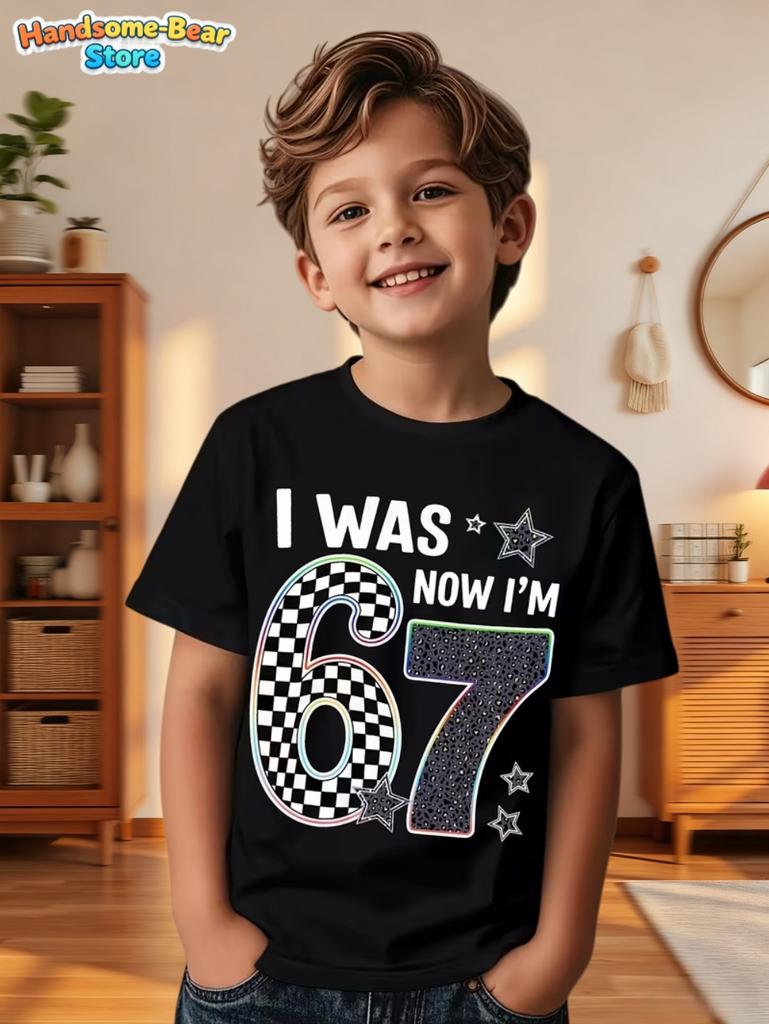 67 Meme T-Shirt for Kids 6-7 Years Old Birthday Party Gifts Summer Short Sleeve Tees Crew Neck Graphic Y2k Children's Clothing