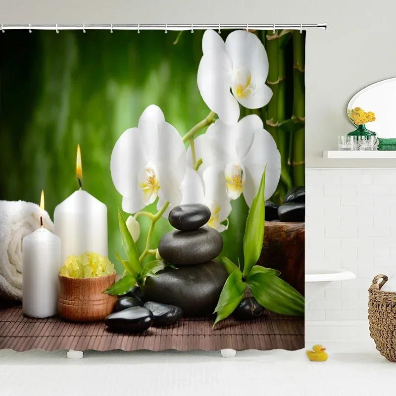 

Green Plant Bamboo Shower Curtain Bathroom Bath Curtain Waterproof Polyester 3D Printed Trees Bath Screen With Hooks W60H190(CM)-1 Pcs
