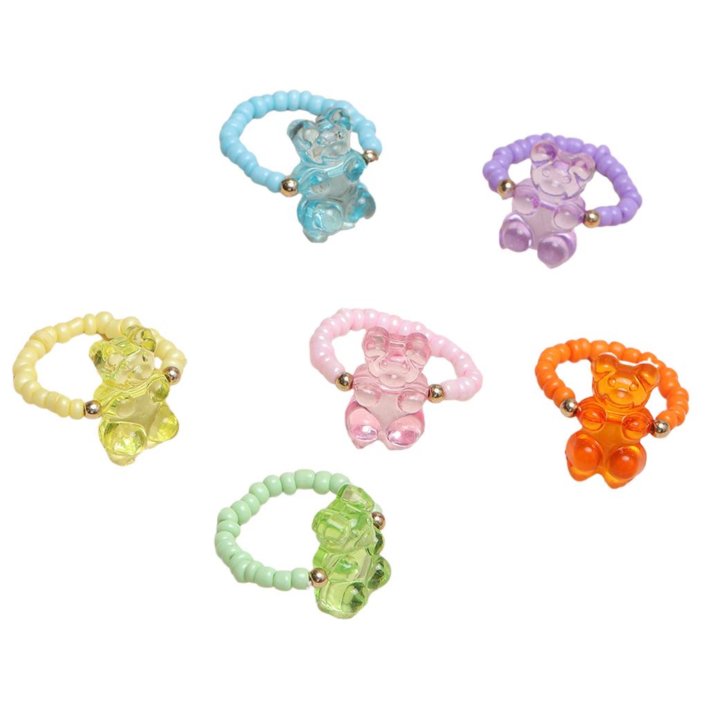 6pcs Cartoon Bear Pendant Rings Unique Elastic Beaded Rings Adjustable Finger Rings Ornament Colorful Resin Accessories